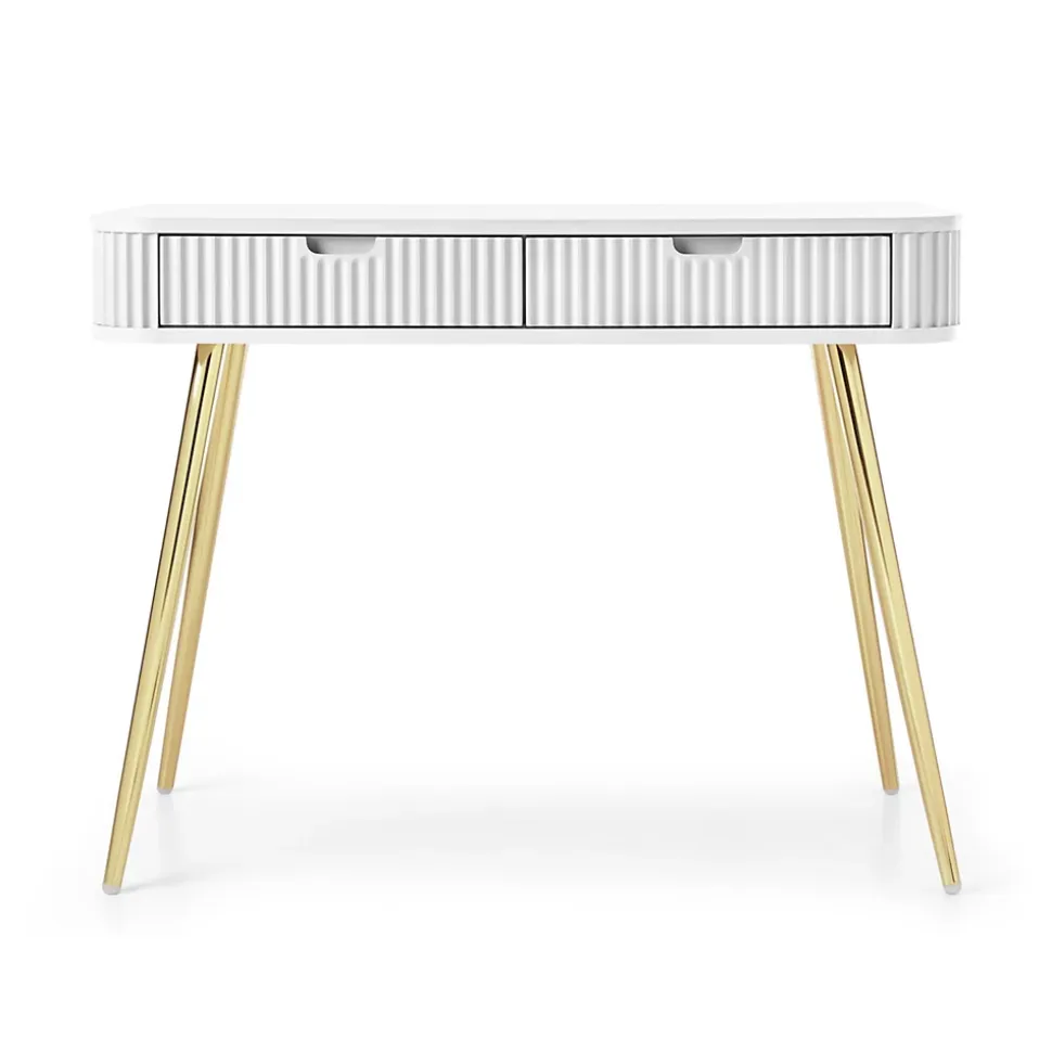 Coiffeuse 2 tiroirs façades laminées blanche pieds dorés 110 cm ZOVA