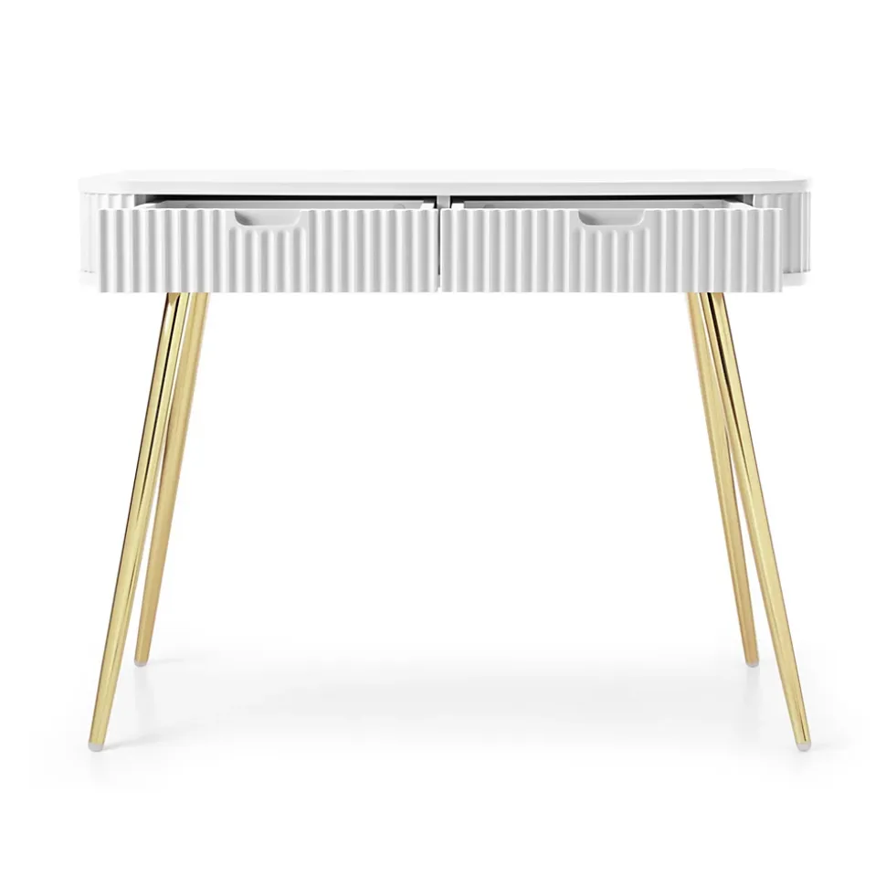 Coiffeuse 2 tiroirs façades laminées blanche pieds dorés 110 cm ZOVA