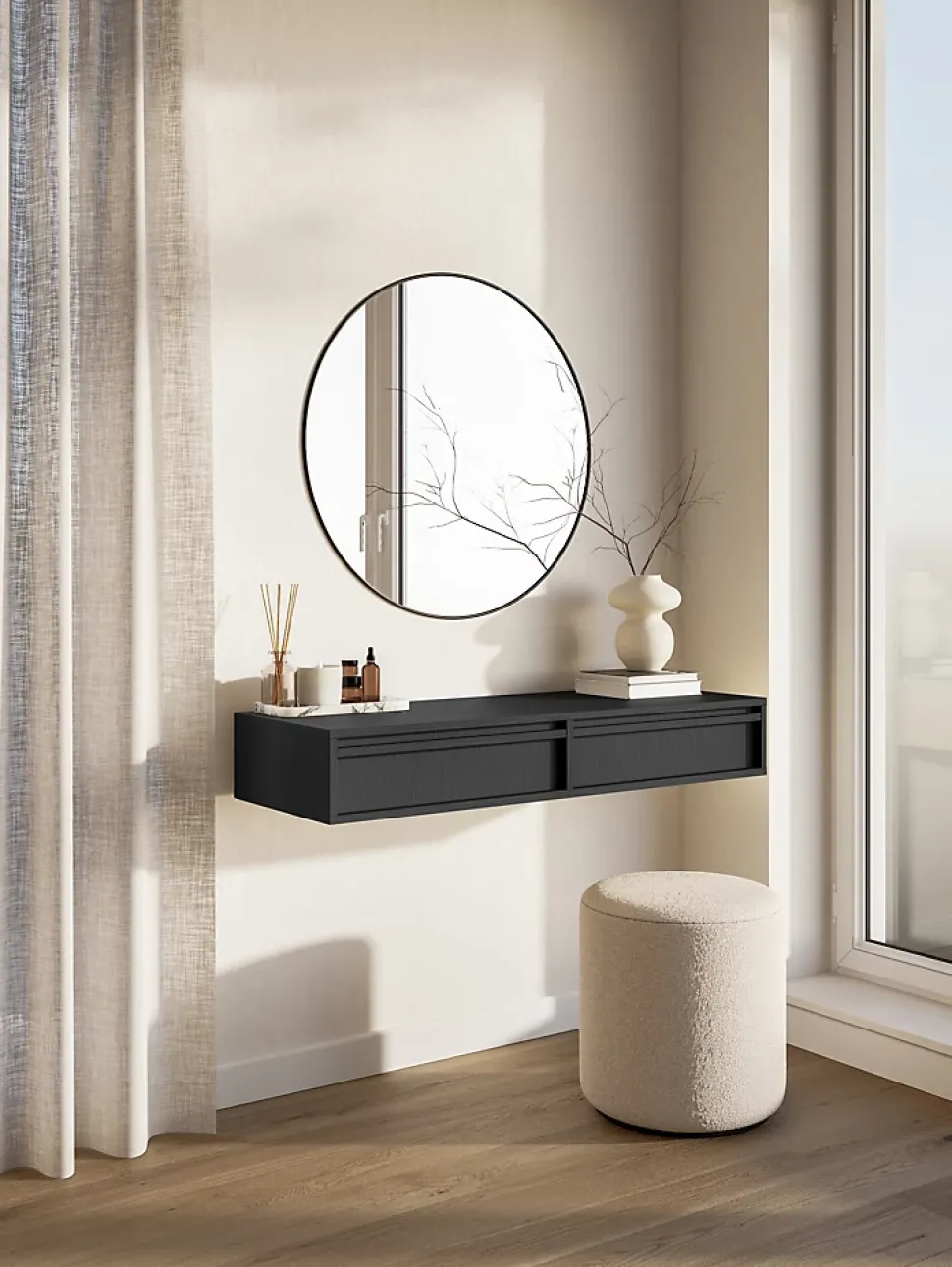 Coiffeuse 2 tiroirs suspendue noire 110 cm EVO