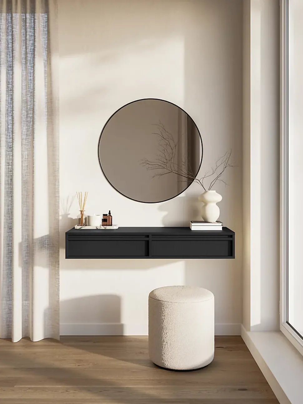 Coiffeuse 2 tiroirs suspendue noire 110 cm EVO