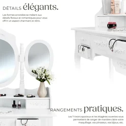 Coiffeuse avec 3 miroirs 7 tiroirs au look antique, avec tabouret rembourré