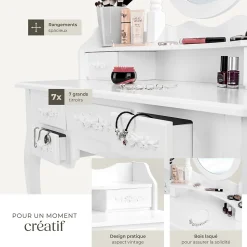Coiffeuse avec 3 miroirs 7 tiroirs au look antique, avec tabouret rembourré