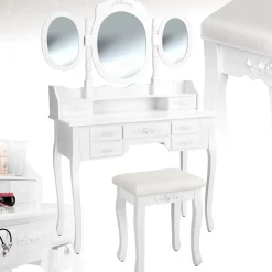 Coiffeuse avec 3 miroirs 7 tiroirs au look antique, avec tabouret rembourré
