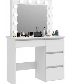 Coiffeuse avec 4 tiroirs et miroir LED coloris blanc - H75 x L94 x P43 cm