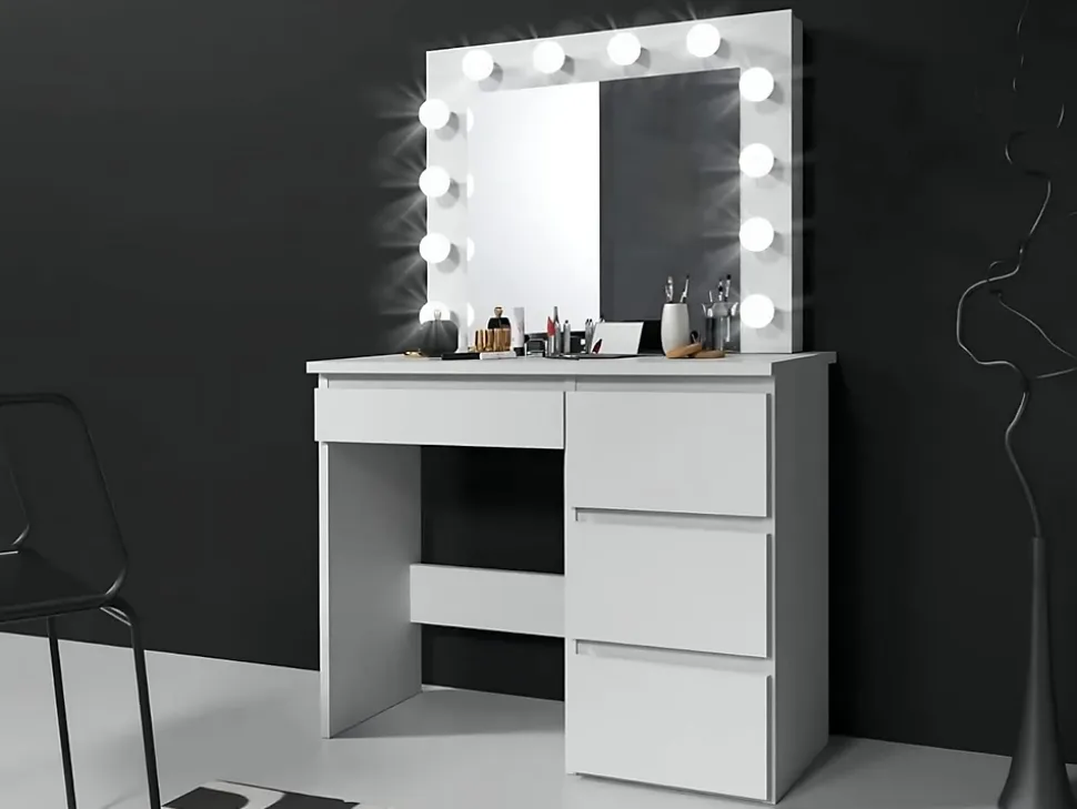 Coiffeuse avec 4 tiroirs et miroir LED coloris blanc - H75 x L94 x P43 cm