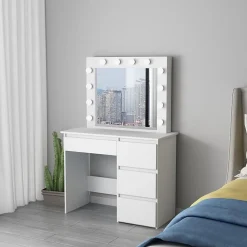 Coiffeuse avec 4 tiroirs et miroir LED coloris blanc - H75 x L94 x P43 cm