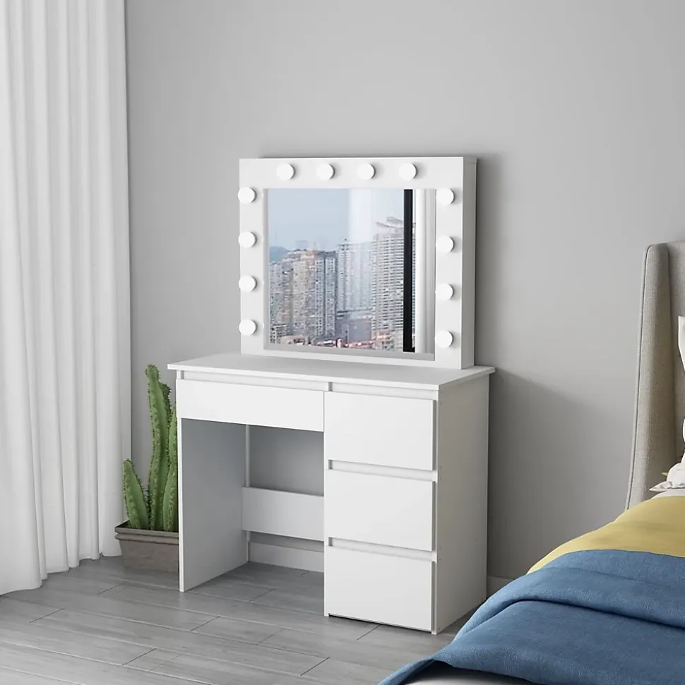 Coiffeuse avec 4 tiroirs et miroir LED coloris blanc - H75 x L94 x P43 cm