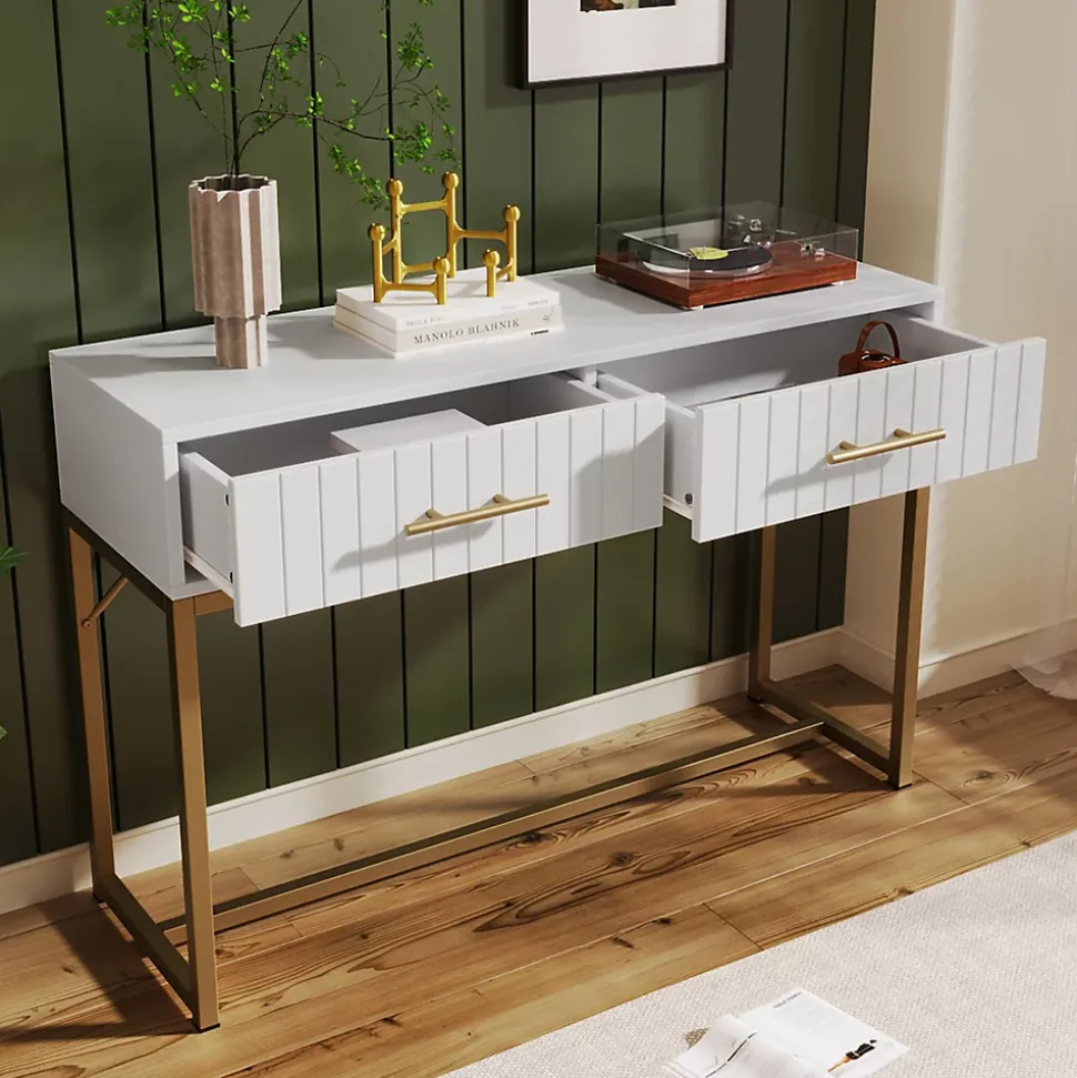 Coiffeuse avec 2 Tiroirs et Pieds en Métal, design Moderne en Panneau de Particules, Dimensions 100 x 45 x 75 cm - Blanc