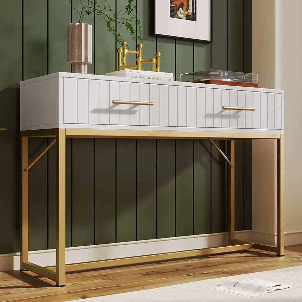 Coiffeuse avec 2 Tiroirs et Pieds en Métal, design Moderne en Panneau de Particules, Dimensions 100 x 45 x 75 cm - Blanc