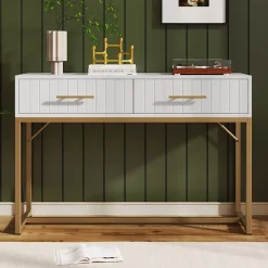 Coiffeuse avec 2 Tiroirs et Pieds en Métal, design Moderne en Panneau de Particules, Dimensions 100 x 45 x 75 cm - Blanc