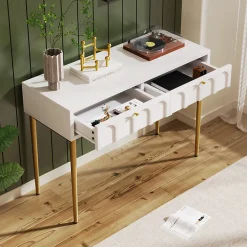 Coiffeuse avec 2 Tiroirs pour Chambre, Pieds en Métal et Panneau de Particules, Dimensions 100 x 45 x 76,5 cm - Blanc Crème