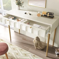 Coiffeuse avec 2 Tiroirs pour Chambre, Pieds en Métal et Panneau de Particules, Dimensions 100 x 45 x 76,5 cm - Blanc Crème