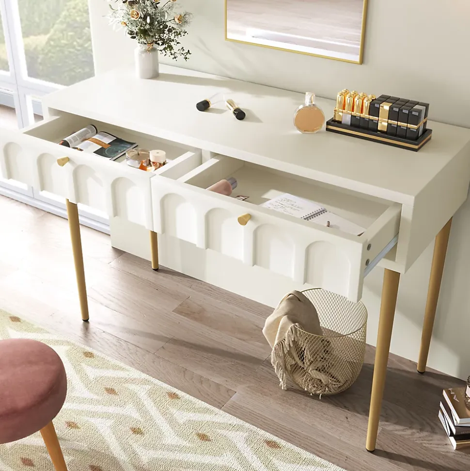 Coiffeuse avec 2 Tiroirs pour Chambre, Pieds en Métal et Panneau de Particules, Dimensions 100 x 45 x 76,5 cm - Blanc Crème