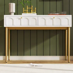 Coiffeuse avec 2 Tiroirs pour Chambre, Pieds en Métal et Panneau de Particules, Dimensions 100 x 45 x 76,5 cm - Blanc Crème