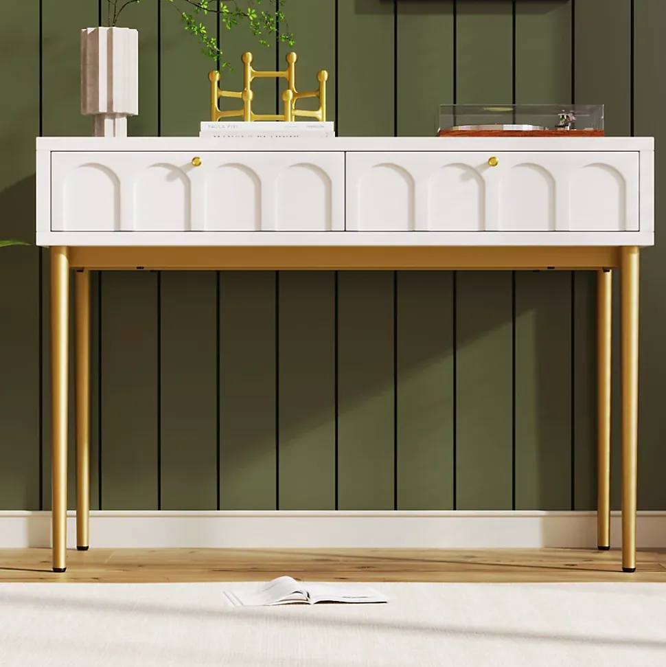 Coiffeuse avec 2 Tiroirs pour Chambre, Pieds en Métal et Panneau de Particules, Dimensions 100 x 45 x 76,5 cm - Blanc Crème