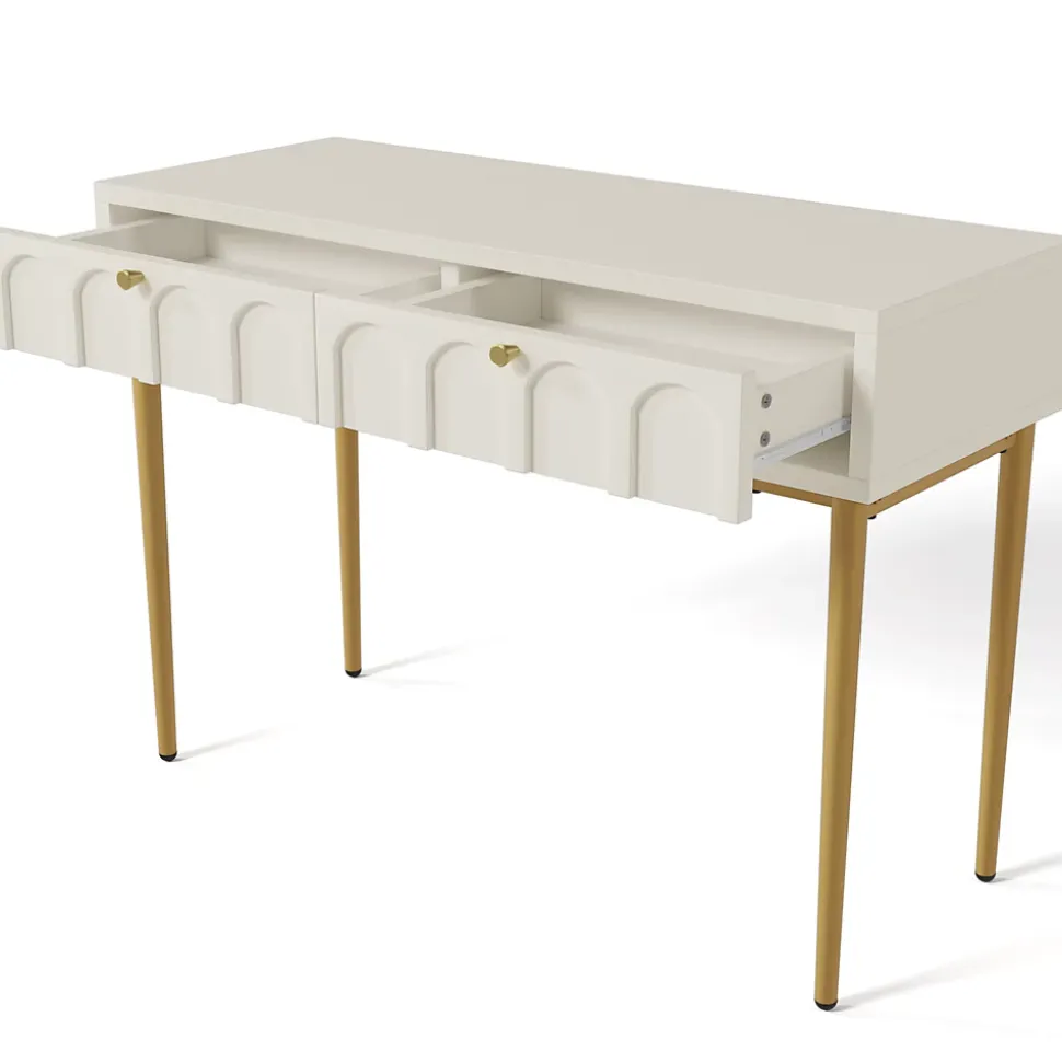 Coiffeuse avec 2 Tiroirs pour Chambre, Pieds en Métal et Panneau de Particules, Dimensions 100 x 45 x 76,5 cm - Blanc Crème