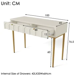 Coiffeuse avec 2 Tiroirs pour Chambre, Pieds en Métal et Panneau de Particules, Dimensions 100 x 45 x 76,5 cm - Blanc Crème
