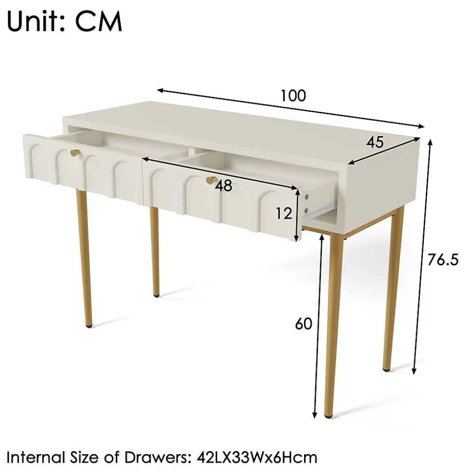 Coiffeuse avec 2 Tiroirs pour Chambre, Pieds en Métal et Panneau de Particules, Dimensions 100 x 45 x 76,5 cm - Blanc Crème