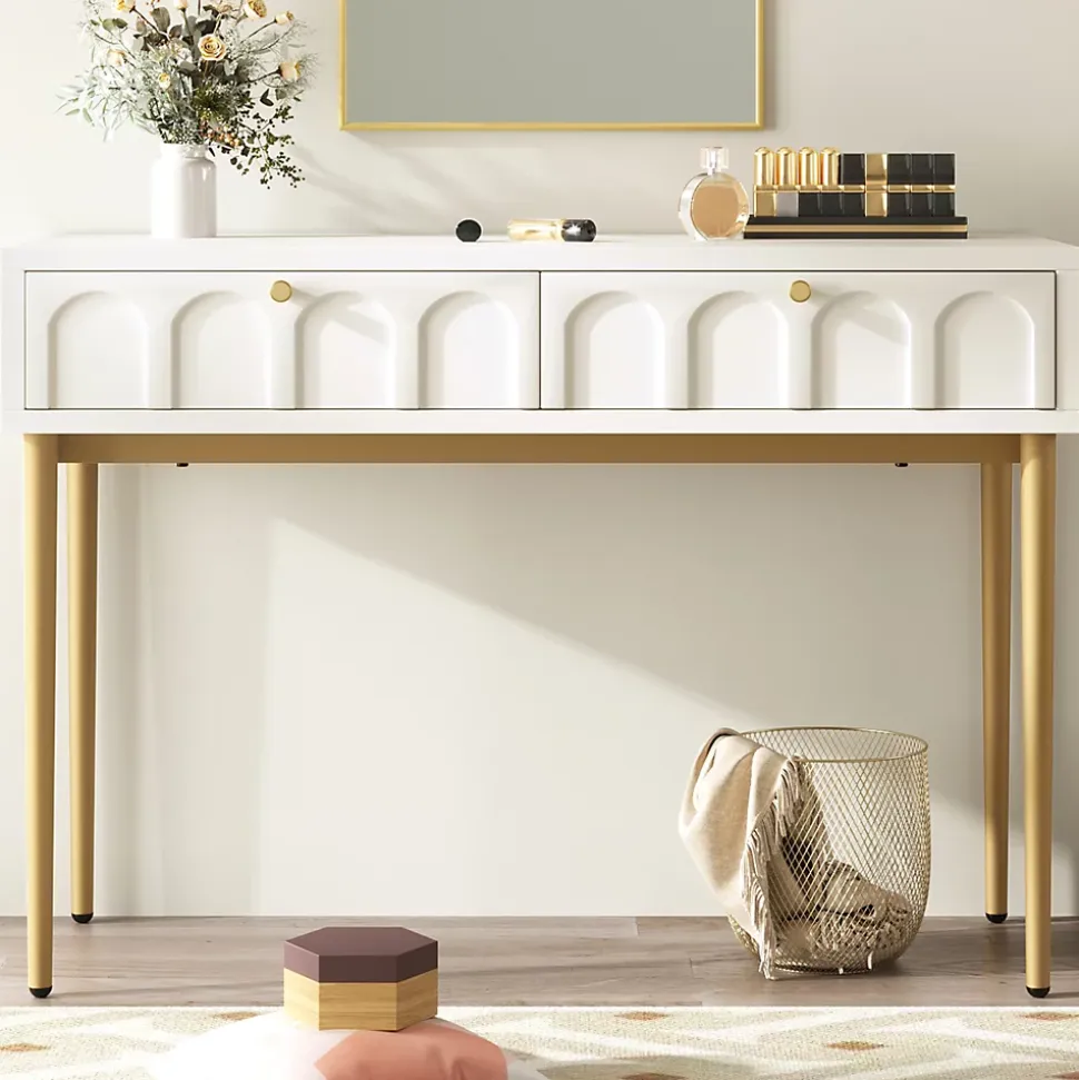 Coiffeuse avec 2 Tiroirs pour Chambre, Pieds en Métal et Panneau de Particules, Dimensions 100 x 45 x 76,5 cm - Blanc Crème