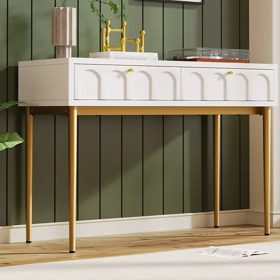 Coiffeuse avec 2 Tiroirs pour Chambre, Pieds en Métal et Panneau de Particules, Dimensions 100 x 45 x 76,5 cm - Blanc Crème
