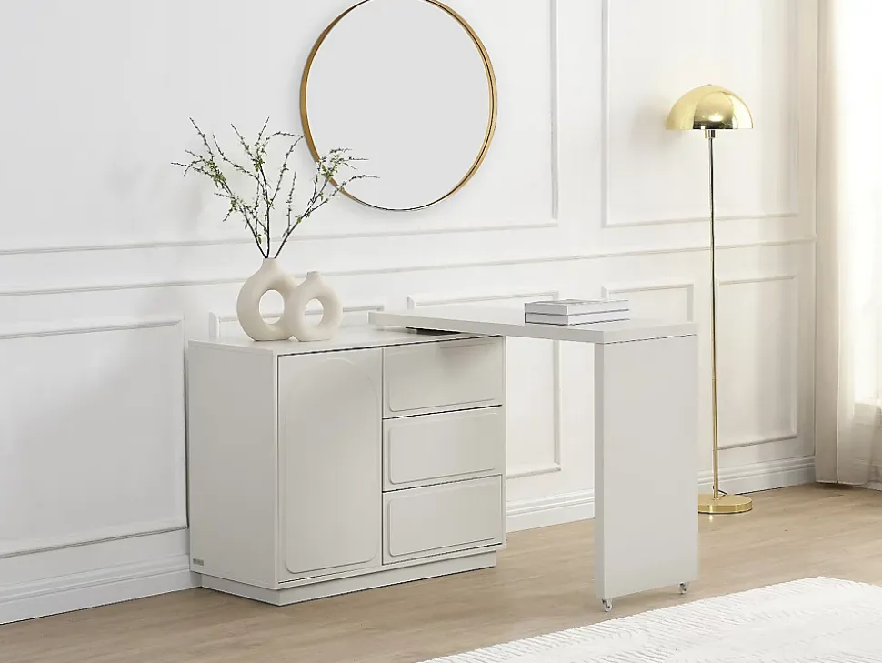 Coiffeuse avec angle pivotant - 3 tiroirs et 1 porte - MDF - Beige - VELANTO