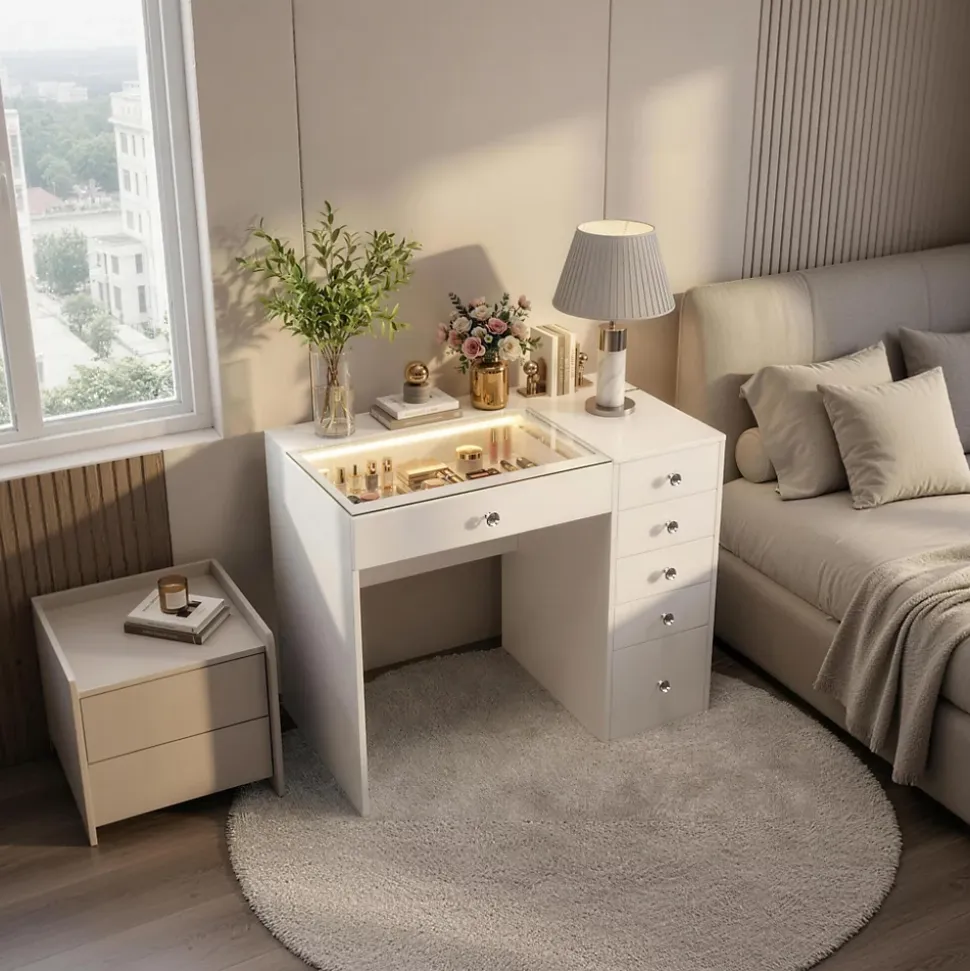 Coiffeuse avec éclairage LED Blanc 92 cm+ 6 Tiroir