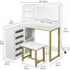Coiffeuse avec grand miroir LED, tabouret, 6 tiroirs, étagères ouvertes, rangement dissimulé, design moderne, Blanc