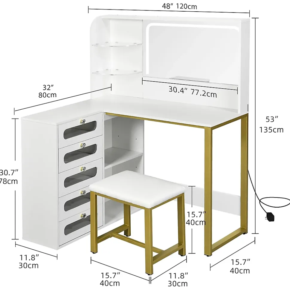 Coiffeuse avec grand miroir LED, tabouret, 6 tiroirs, étagères ouvertes, rangement dissimulé, design moderne, Blanc