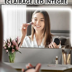 Coiffeuse avec grand miroir LED, tabouret, 6 tiroirs, étagères ouvertes, rangement dissimulé, design moderne, Blanc