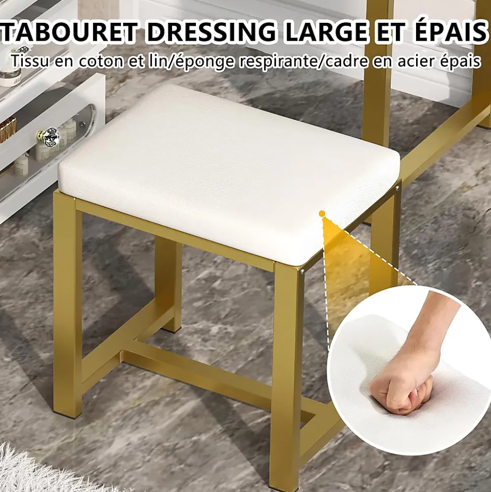 Coiffeuse avec grand miroir LED, tabouret, 6 tiroirs, étagères ouvertes, rangement dissimulé, design moderne, Blanc