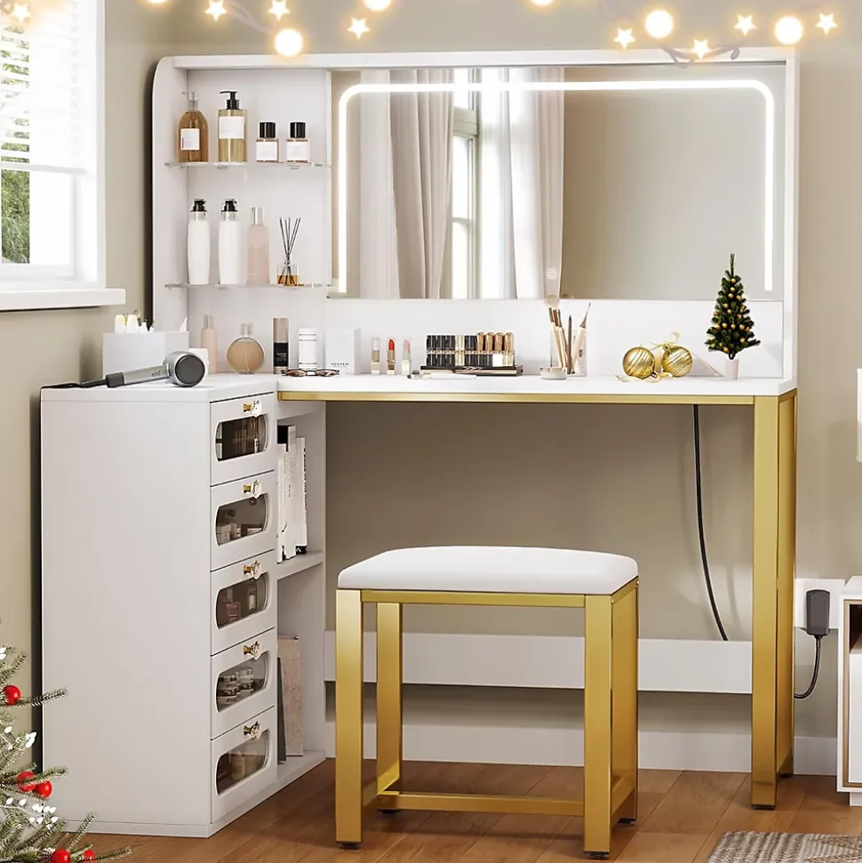 Coiffeuse avec grand miroir LED, tabouret, 6 tiroirs, étagères ouvertes, rangement dissimulé, design moderne, Blanc
