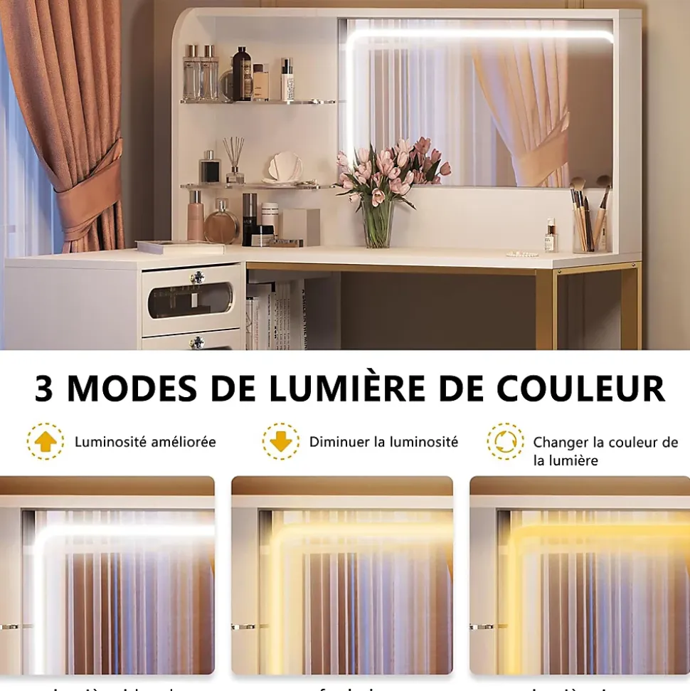Coiffeuse avec grand miroir LED, tabouret, 6 tiroirs, étagères ouvertes, rangement dissimulé, design moderne, Blanc