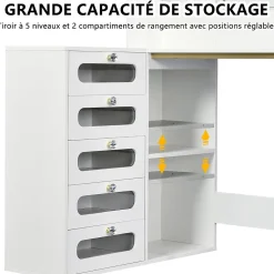 Coiffeuse avec grand miroir LED, tabouret, 6 tiroirs, étagères ouvertes, rangement dissimulé, design moderne, Blanc