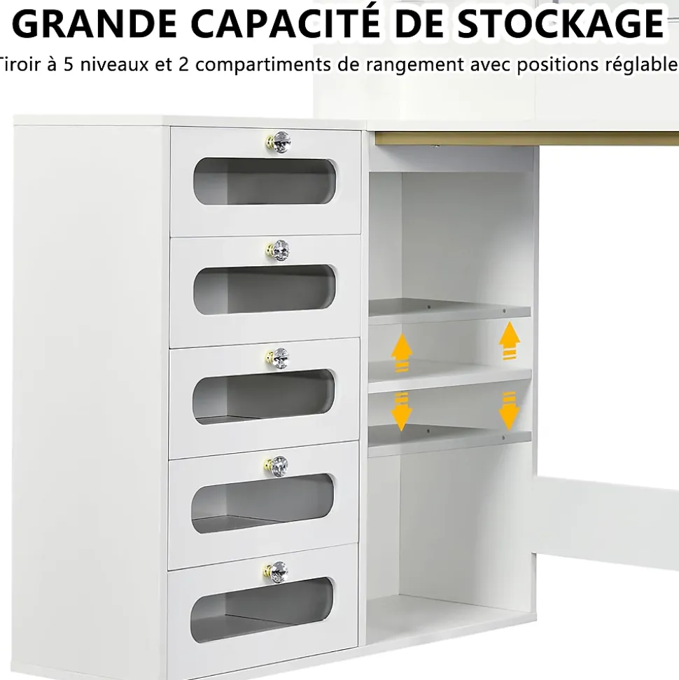 Coiffeuse avec grand miroir LED, tabouret, 6 tiroirs, étagères ouvertes, rangement dissimulé, design moderne, Blanc
