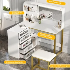 Coiffeuse avec grand miroir LED, tabouret, 6 tiroirs, étagères ouvertes, rangement dissimulé, design moderne, Blanc