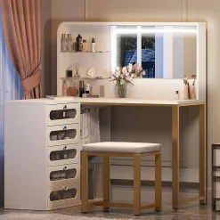 Coiffeuse avec grand miroir LED, tabouret, 6 tiroirs, étagères ouvertes, rangement dissimulé, design moderne, Blanc
