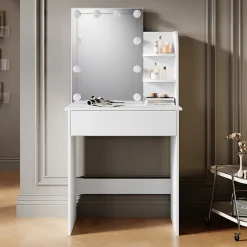 Coiffeuse avec LED Miroir SIRHONA Blanche 70x40x140cm Table de Maquillage avec Grands Tiroirs et étagères