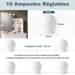 Coiffeuse avec LED Miroir SIRHONA Blanche 70x40x140cm Table de Maquillage avec Grands Tiroirs et étagères