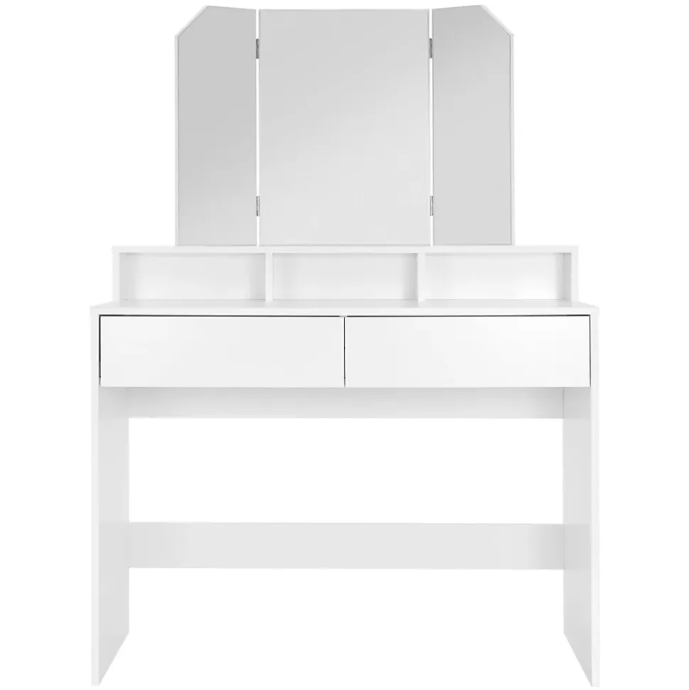 Coiffeuse avec miroir + 2 tiroirs et tabouret de maquillage blanc 100x40x140 cm
