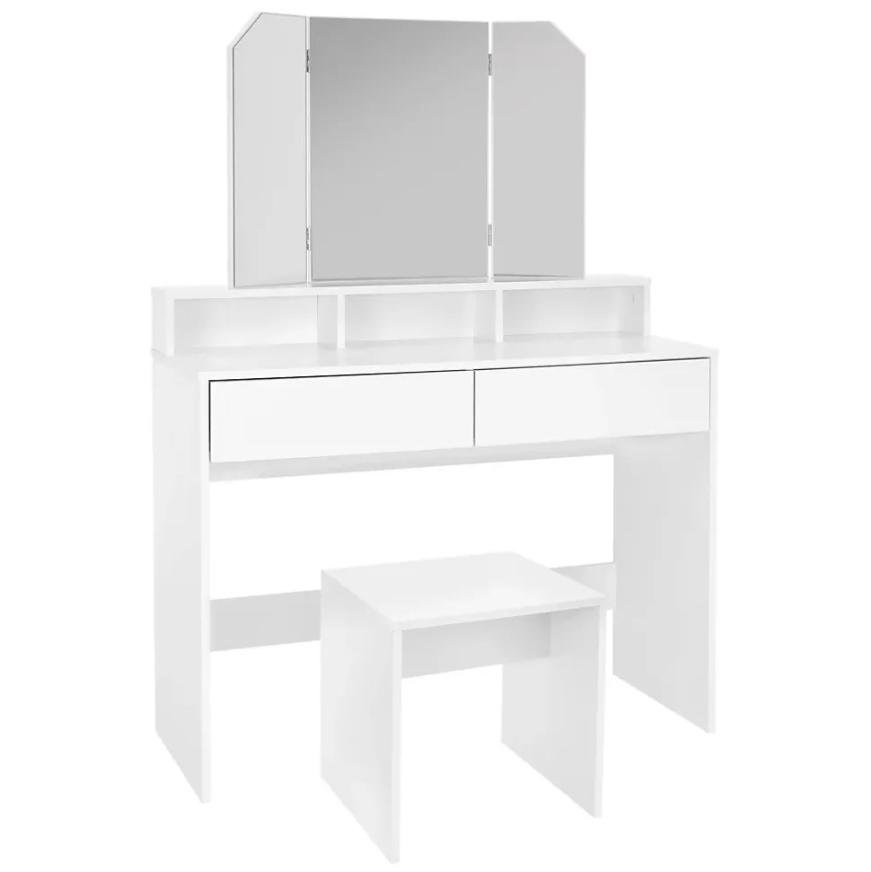 Coiffeuse avec miroir + 2 tiroirs et tabouret de maquillage blanc 100x40x140 cm