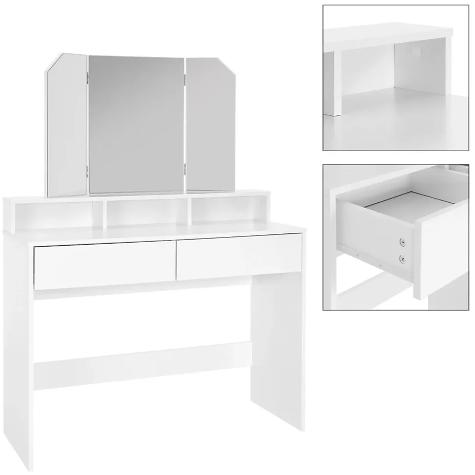 Coiffeuse avec miroir + 2 tiroirs et tabouret de maquillage blanc 100x40x140 cm