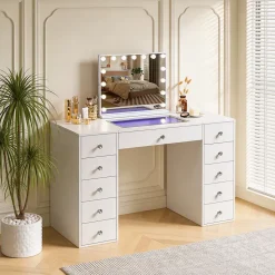 Coiffeuse avec Miroir à Éclairage LED RGB Dimmable Blanc 130cm 11 Tiroirs