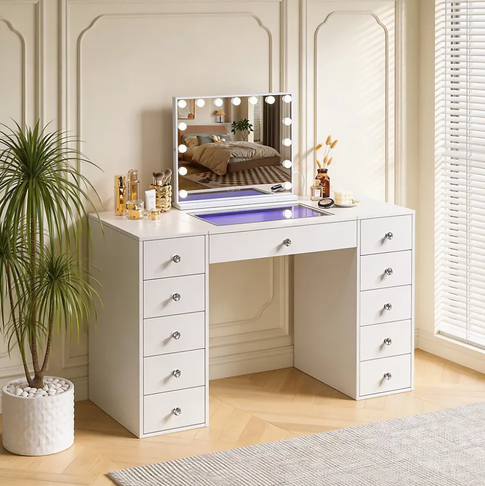 Coiffeuse avec Miroir à Éclairage LED RGB Dimmable Blanc 130cm 11 Tiroirs