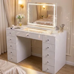 Coiffeuse avec Miroir à Éclairage LED RGB Dimmable Blanc 130cm 11 Tiroirs