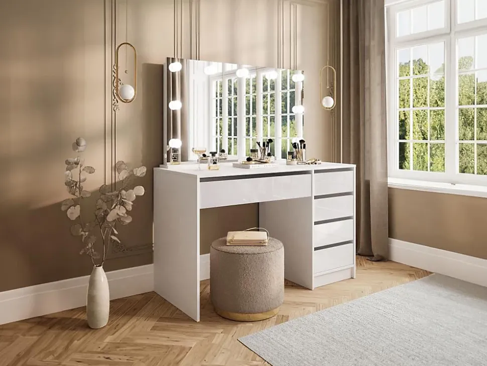 Coiffeuse avec miroir à LEDs - 5 tiroirs - Blanc brillant - JENEMI