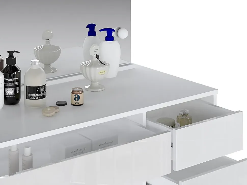 Coiffeuse avec miroir à LEDs - 5 tiroirs - Blanc brillant - JENEMI