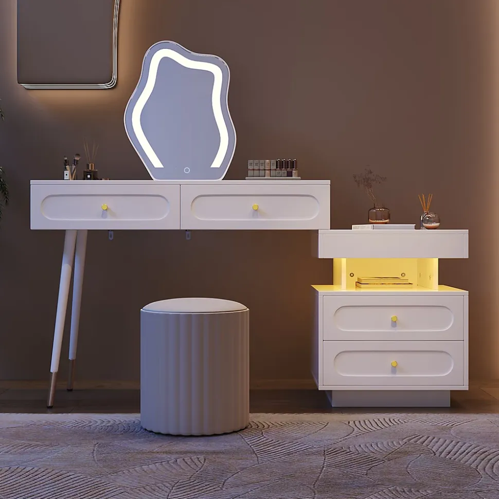 Coiffeuse avec Miroir - Sécurité Anti-Basculement, Tiroirs de Rangement - L140xP40xH130 cm, Blanc