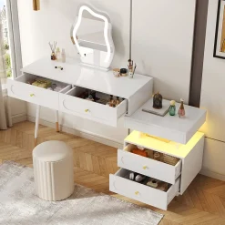 Coiffeuse avec Miroir - Sécurité Anti-Basculement, Tiroirs de Rangement - L140xP40xH130 cm, Blanc