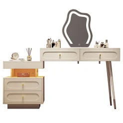 Coiffeuse avec Miroir - Sécurité Anti-Basculement, Tiroirs de Rangement - L140xP40xH130 cm, Blanc