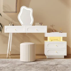 Coiffeuse avec Miroir - Sécurité Anti-Basculement, Tiroirs de Rangement - L140xP40xH130 cm, Blanc